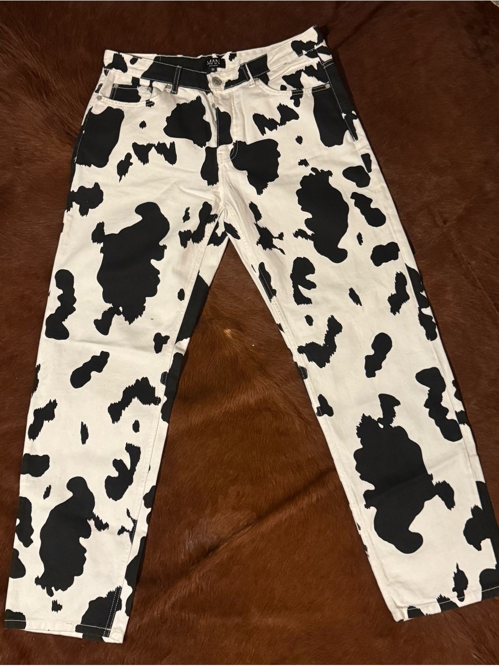 NEW Boohoo MAN Black and White Cow Print Straight Jeans